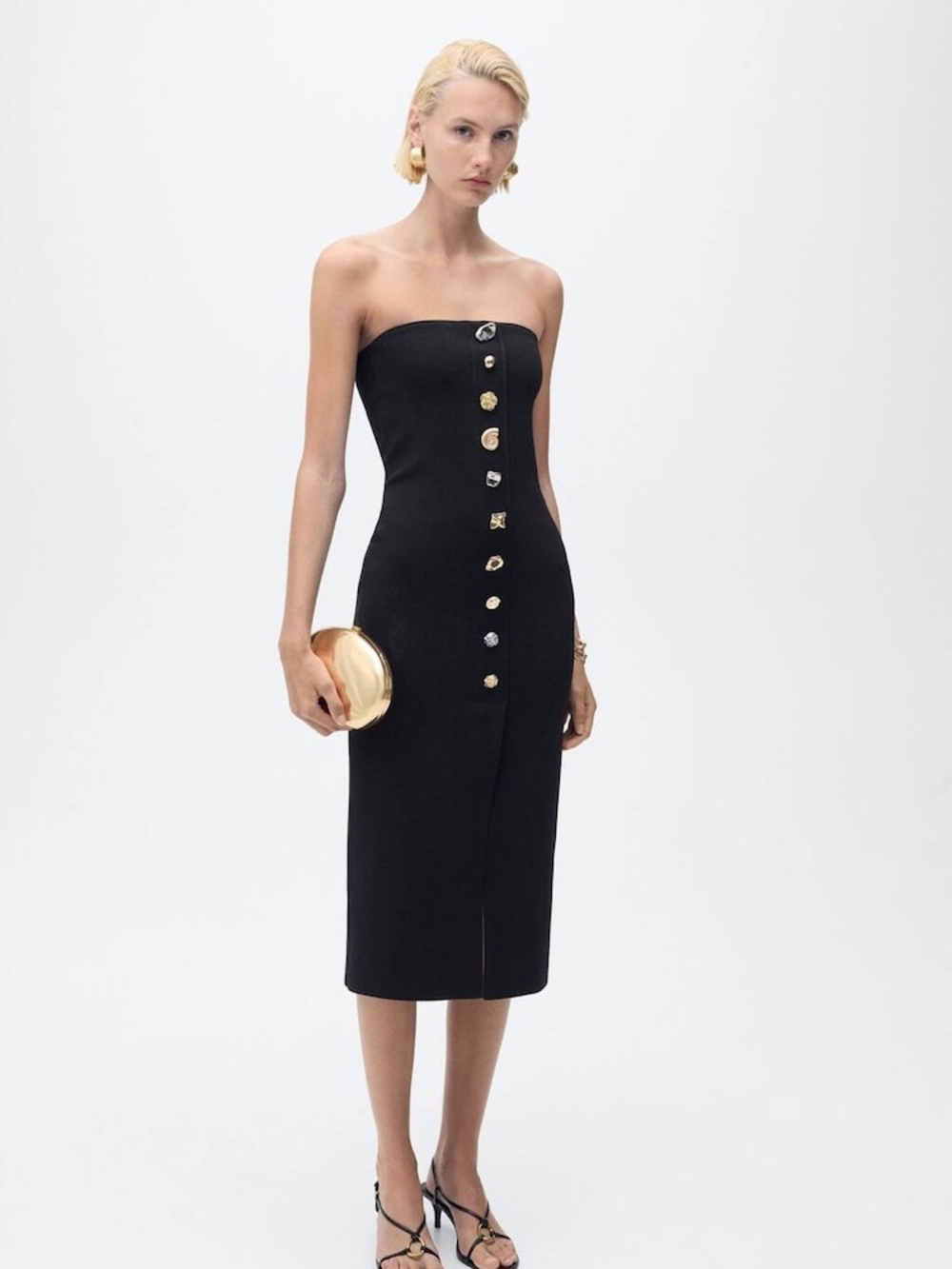 Mango Strapless Black Midi Dress with Mixed Metallic Buttons